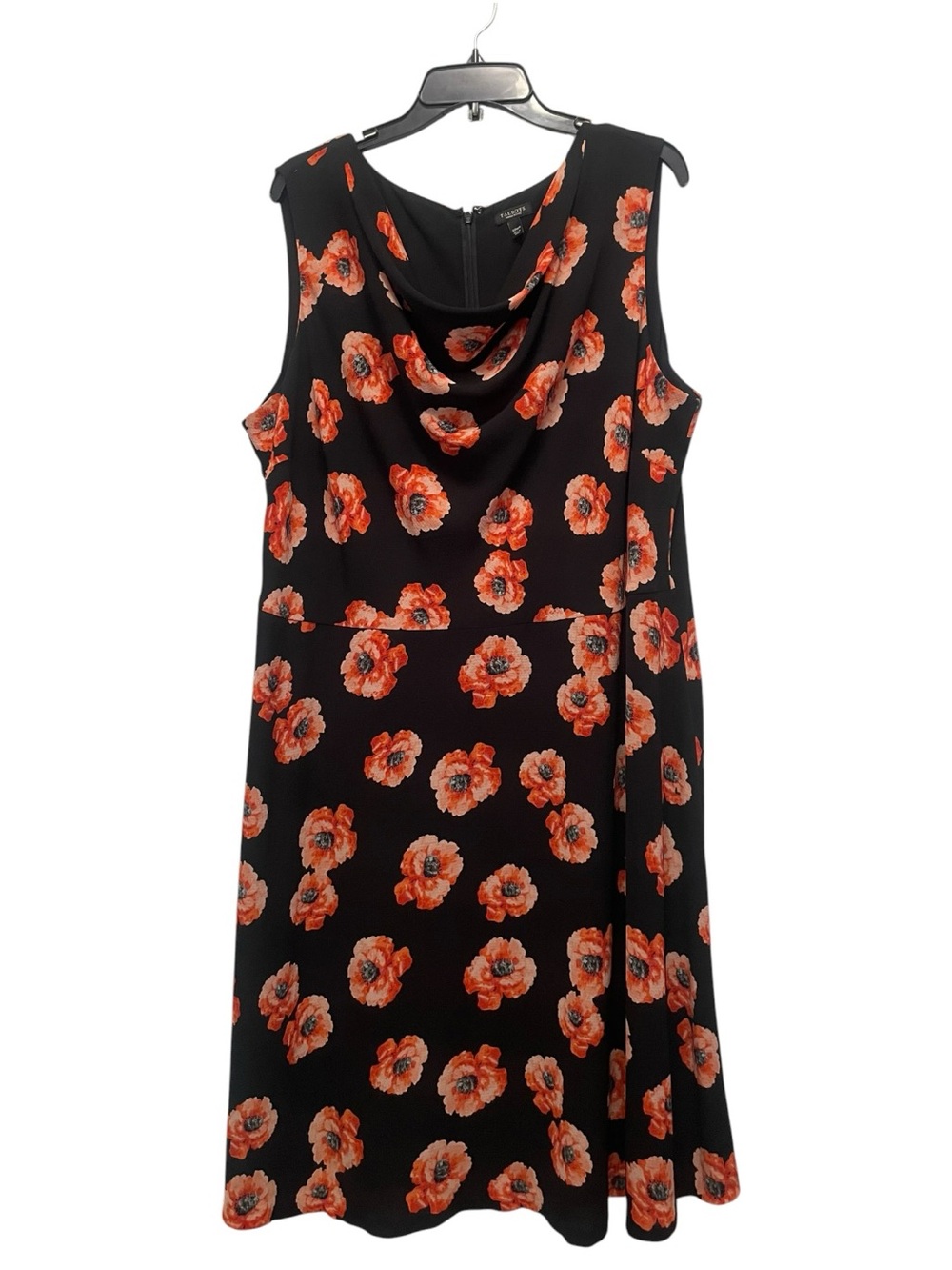 TALBOTS 20WP Petite A-Line Dress Black Pink Floral Cowl Neck Sleeveless Lined